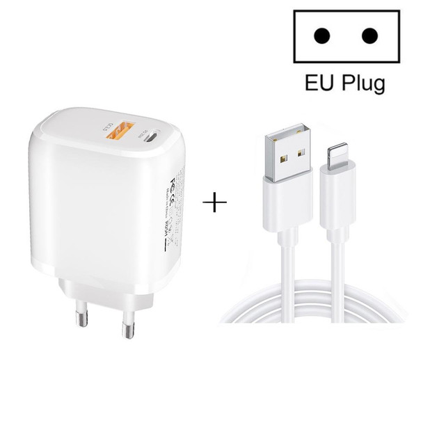 CS-20W Mini Portable PD3.0 + QC3.0 Dual Ports Fast Charger with 3A USB to 8 Pin Data Cable(EU Plug)