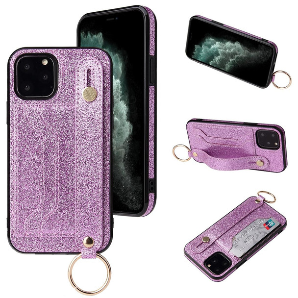 Glitter Powder PU+TPU Shockproof Protective Case with Holder & Card Slots & Wrist Strap - iPhone 12 Pro Max(Purple)