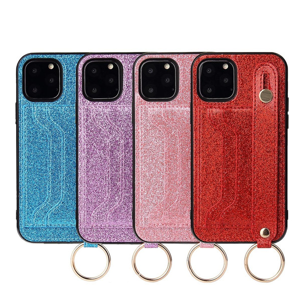 Glitter Powder PU+TPU Shockproof Protective Case with Holder & Card Slots & Wrist Strap - iPhone 12 Pro Max(Blue)