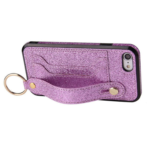 Glitter Powder PU+TPU Shockproof Protective Case with Holder & Card Slots & Wrist Strap - iPhone SE 2022 / SE 2020 / 8 / 7(Purple)