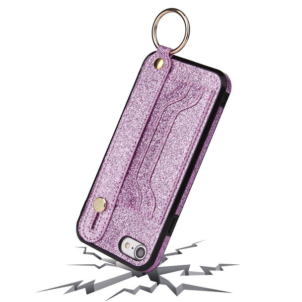 Glitter Powder PU+TPU Shockproof Protective Case with Holder & Card Slots & Wrist Strap - iPhone SE 2022 / SE 2020 / 8 / 7(Purple)