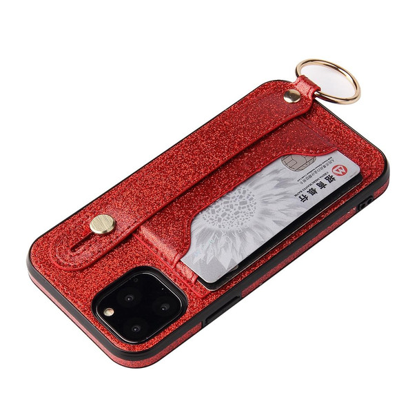 Glitter Powder PU+TPU Shockproof Protective Case with Holder & Card Slots & Wrist Strap - iPhone 11(Red)