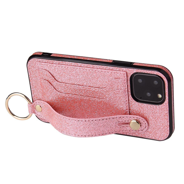 Glitter Powder PU+TPU Shockproof Protective Case with Holder & Card Slots & Wrist Strap - iPhone 11(Pink)