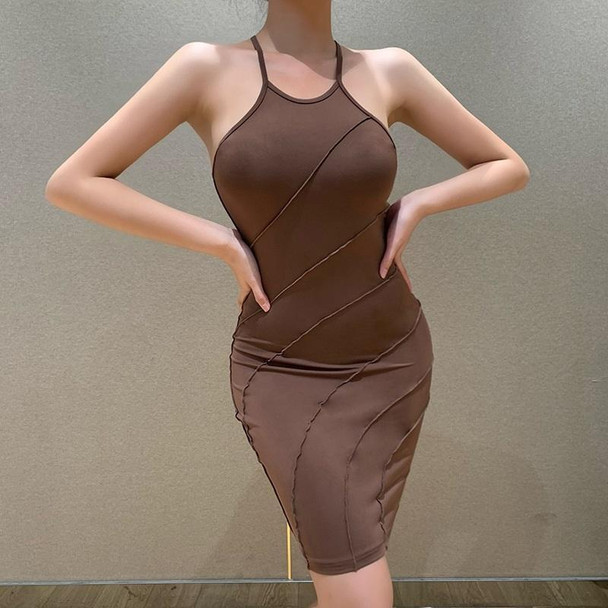 Ladies Sexy Suspender Slim Dress (Color:Brown Size:S)