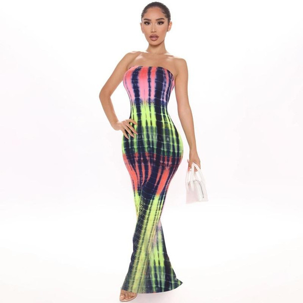 Ladies One Word Tube Top Printed Dress (Color:Multicolour Size:M)