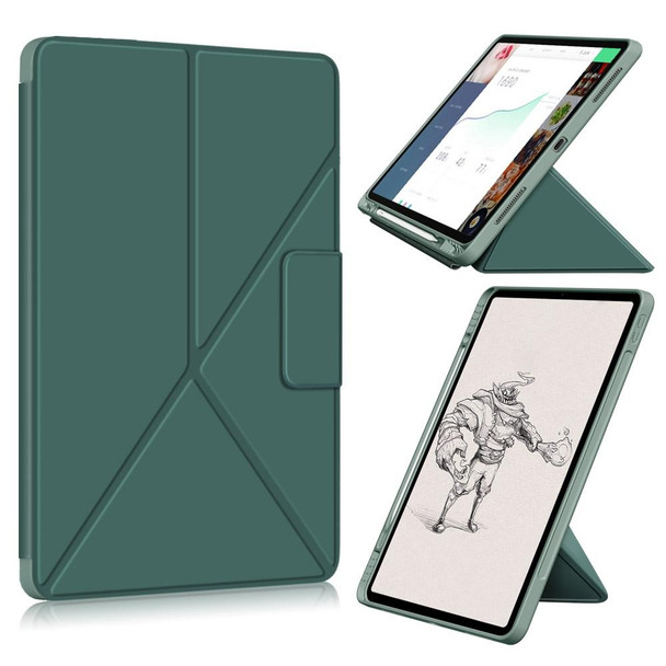 iPad Pro 12.9 (2021) Cloth Texture Multi-folding Horizontal Flip PU Leather Shockproof Tablet Case with Holder & Sleep / Wake-up Function(Dark Green)