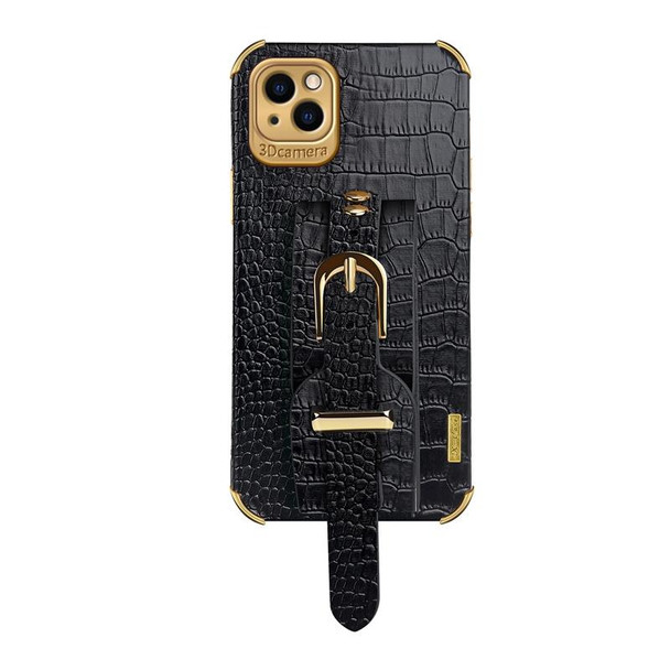 Electroplated TPU Crocodile Pattern Leatherette Case with Wrist Strap - iPhone 13 Pro(Black)