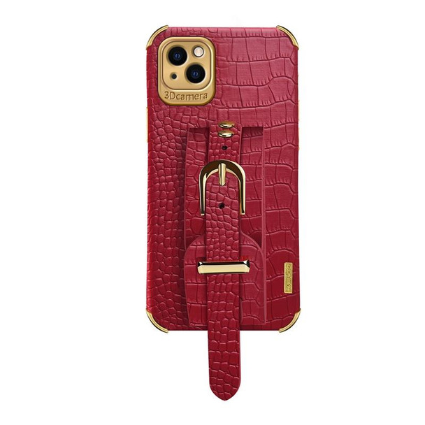 Electroplated TPU Crocodile Pattern Leatherette Case with Wrist Strap - iPhone 13 Pro Max(Red)