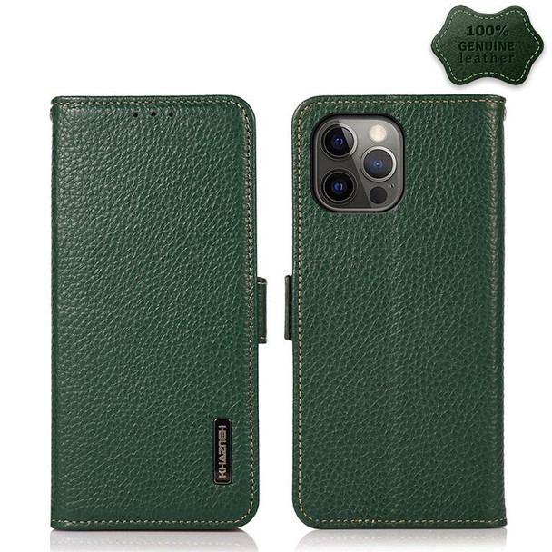 KHAZNEH Side-Magnetic Litchi Genuine Leather RFID Case - iPhone 12 Pro Max(Green)