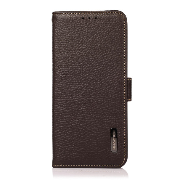 KHAZNEH Side-Magnetic Litchi Genuine Leather RFID Case - iPhone 12 Pro Max(Brown)