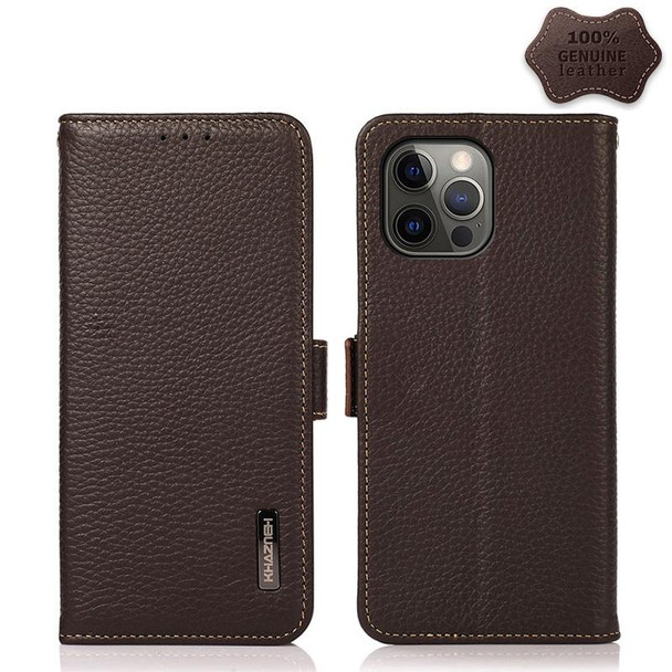 KHAZNEH Side-Magnetic Litchi Genuine Leather RFID Case - iPhone 12 Pro Max(Brown)