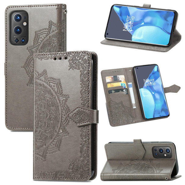 Halfway Mandala Embossing Pattern Horizontal Flip Leather Case with Holder & Card Slots & Wallet & Lanyard - OnePlus 9 Pro(Grey)