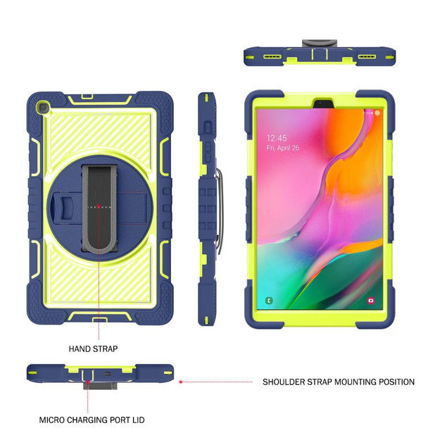 Samsung Galaxy Tab A 10.1 2019 T515 360 Degree Rotation Contrast Color Shockproof Silicone + PC Case with Holder & Hand Grip Strap & Shoulder Strap(Navy+Yellow Green)