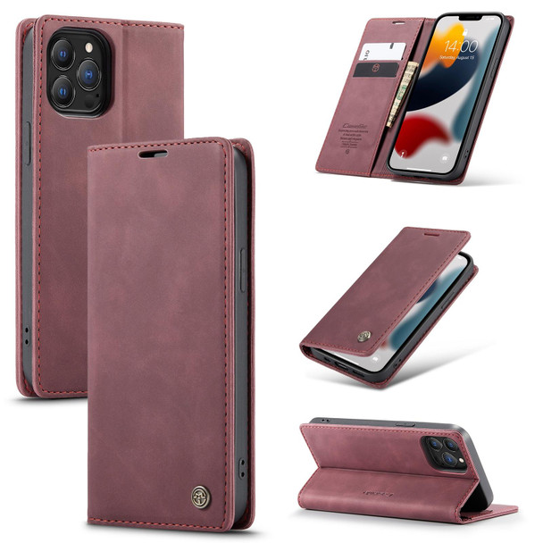 CaseMe-013 Multifunctional Retro Frosted Horizontal Flip Leatherette Case with Card Slot & Holder & Wallet - iPhone 13 Pro(Wine Red)