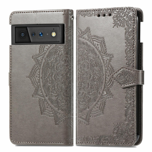 Google Pixel 6 Pro Mandala Flower Embossed Horizontal Flip Leather Case with Holder & Three Card Slots & Wallet & Lanyard(Gray)