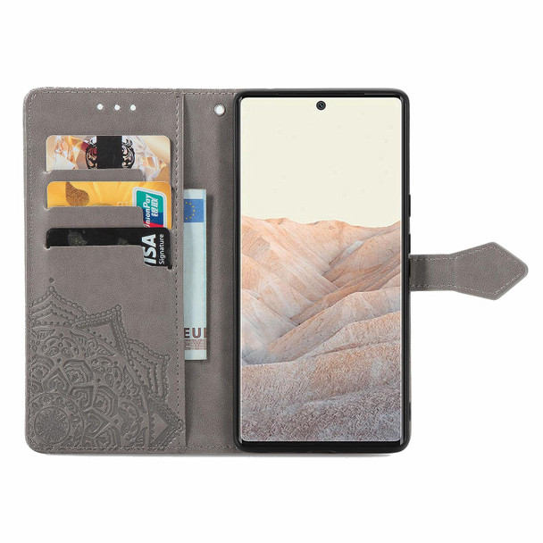 Google Pixel 6 Pro Mandala Flower Embossed Horizontal Flip Leather Case with Holder & Three Card Slots & Wallet & Lanyard(Gray)