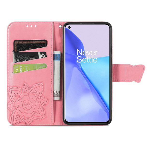 OnePlus 9 Butterfly Love Flowers Embossed Horizontal Flip Leather Case with Holder & Card Slots & Wallet & Lanyard(Pink)