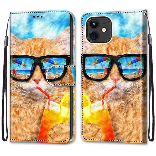Coloured Drawing Cross Texture Horizontal Flip PU Leatherette Case with Holder & Card Slots & Wallet & Lanyard - iPhone 12 mini(Cat Drinking Soda)