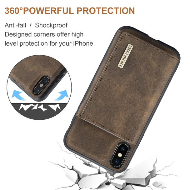 DG.MING M1 Series 3-Fold Multi Card Wallet + Magnetic Back Cover Shockproof Case with Holder Function - iPhone XS(Coffee)