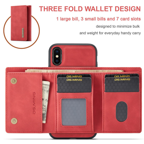 DG.MING M1 Series 3-Fold Multi Card Wallet + Magnetic Back Cover Shockproof Case with Holder Function - iPhone X(Red)