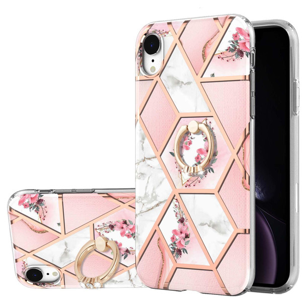 Electroplating Splicing Marble Flower Pattern TPU Shockproof Case with Rhinestone Ring Holder - iPhone XR(Pink Flower)