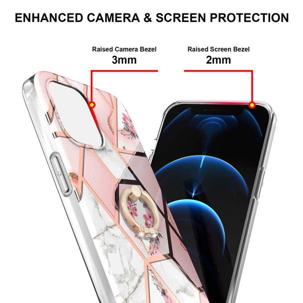 Electroplating Splicing Marble Flower Pattern TPU Shockproof Case with Rhinestone Ring Holder - iPhone 13 Pro(Pink Flower)