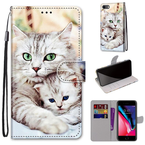 Coloured Drawing Cross Texture Horizontal Flip PU Leatherette Case with Holder & Card Slots & Wallet & Lanyard - iPhone SE 2022 / SE 2020 / 8 / 7(Big Cat Holding Kitten)