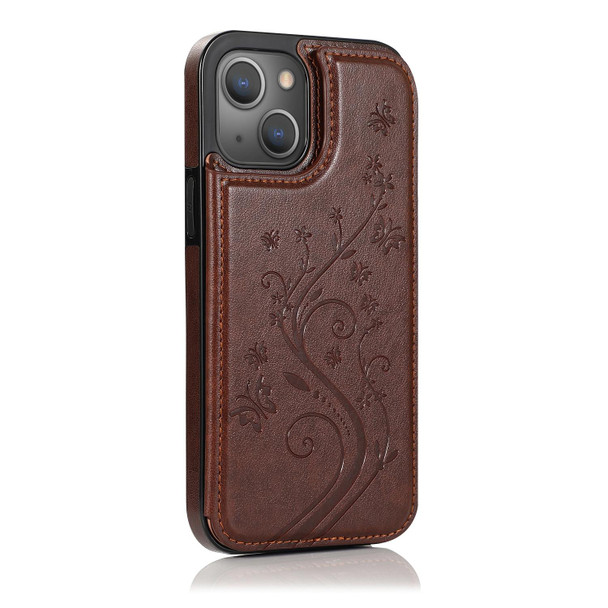 Butterflies Flowers Double Buckle PU + TPU Protective Case with Holder & Card Slots & Photo Frame - iPhone 13 Pro Max(Brown)