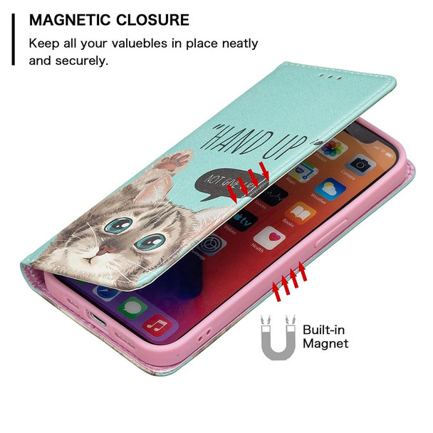 Colored Drawing Pattern Invisible Magnetic Horizontal Flip PU Leatherette Case with Holder & Card Slots & Wallet - iPhone 13(Cat)