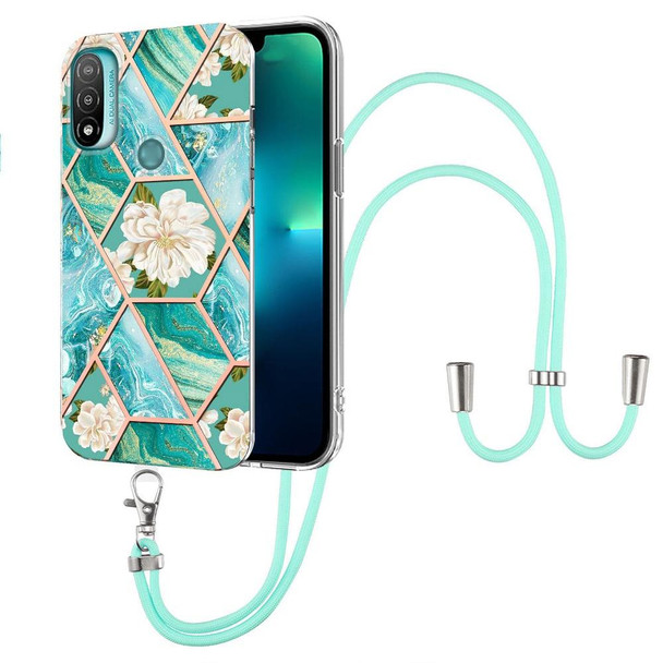 Motorola Moto E20 / E30 / E40 Splicing Marble Flower Pattern TPU Phone Case with Lanyard(Blue Flower)