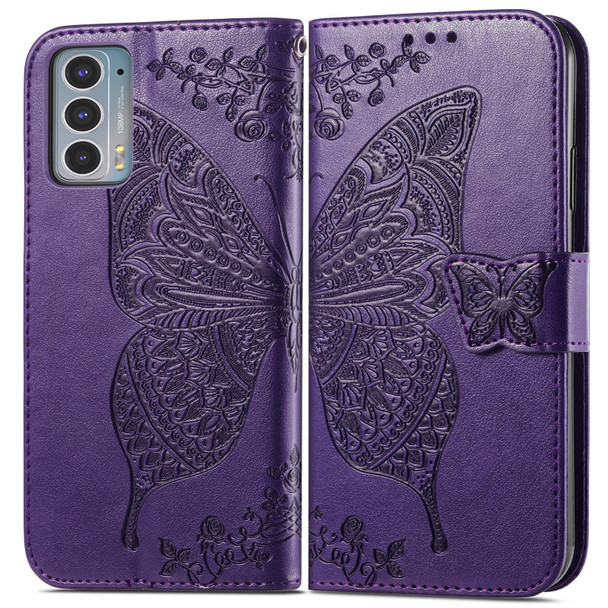 Motorola Moto Edge 20 Butterfly Love Flower Embossed Horizontal Flip Leather Case with Holder & Card Slots & Wallet & Lanyard(Dark Purple)