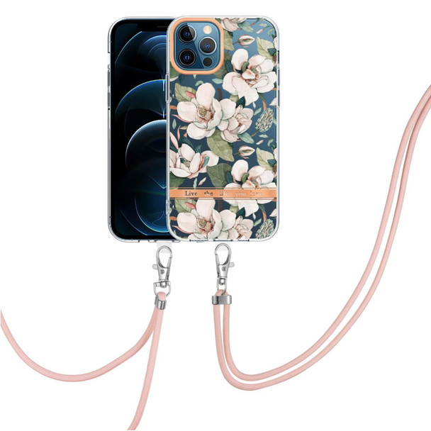 Flowers Series TPU Phone Case with Lanyard - iPhone 12 Pro Max(Green Gardenia)