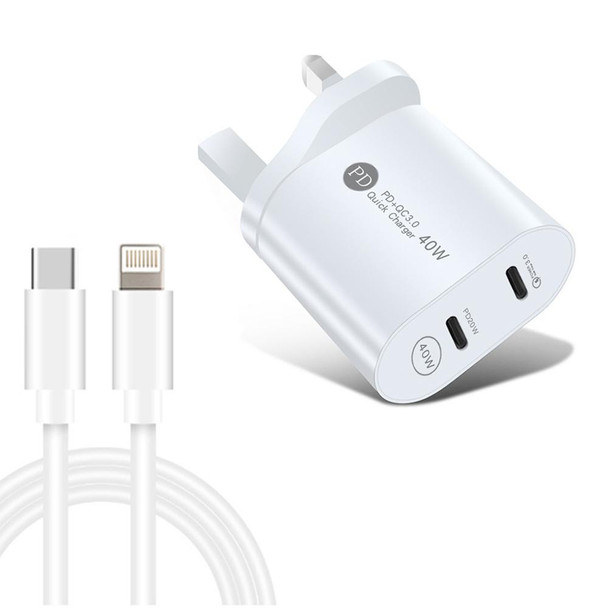 002 40W Dual Port PD / Type-C Fast Charger with USB-C to 8 Pin Data Cable, UK Plug(White)