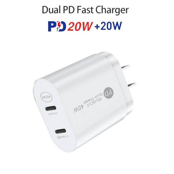 002 40W Dual Port PD / Type-C Fast Charger with USB-C to 8 Pin Data Cable, US Plug(White)