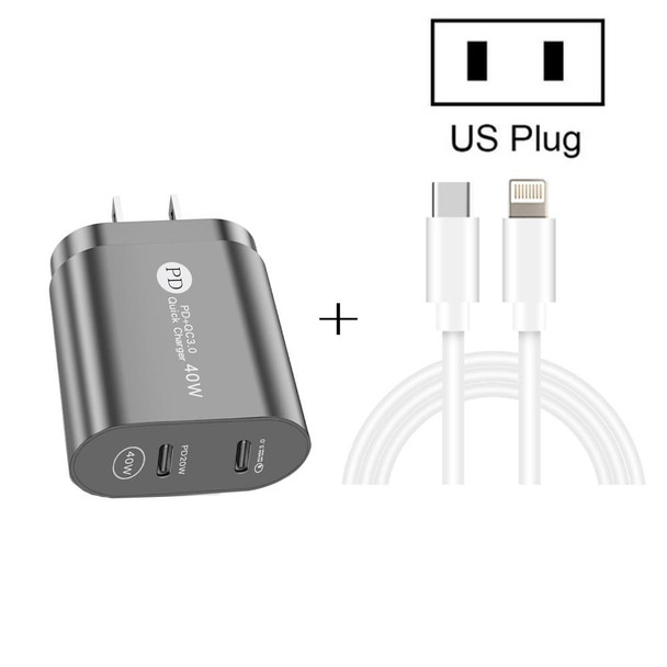 002 40W Dual Port PD / Type-C Fast Charger with USB-C to 8 Pin Data Cable, US Plug(White)