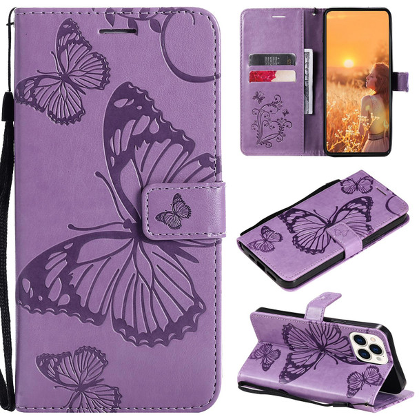 3D Butterfly Embossed Pattern Horizontal Flip Leatherette Case with Holder & Card Slot & Wallet & Lanyard - iPhone 13 Pro Max(Purple)