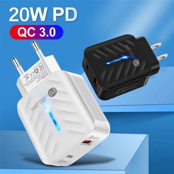 PD03 20W PD3.0 + QC3.0 USB Charger with Type-C to 8 Pin Data Cable, EU Plug(White)