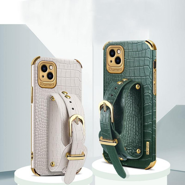 Electroplated TPU Crocodile Pattern Leatherette Case with Wrist Strap - iPhone 13 Pro(Green)