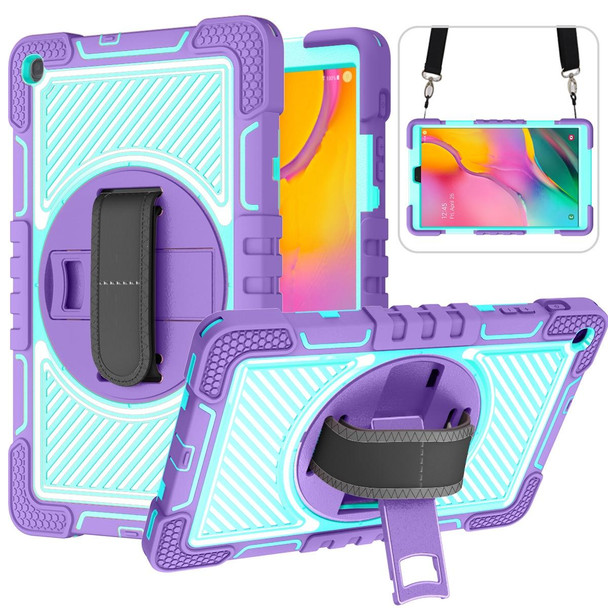 Samsung Galaxy Tab A 10.1 2019 T515 360 Degree Rotation Contrast Color Shockproof Silicone + PC Case with Holder & Hand Grip Strap & Shoulder Strap(Purple + Mint Green)