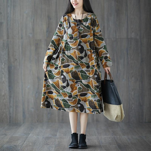 Loose Slim Printed Mid-length Cotton And Linen Dress (Color:Yellow Size:L)