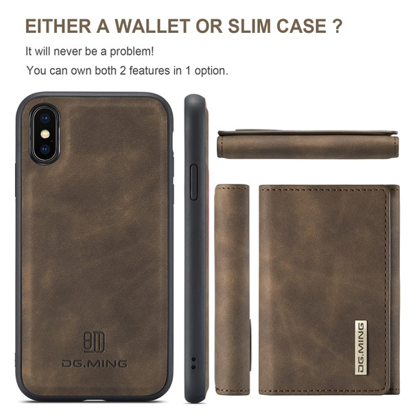 DG.MING M1 Series 3-Fold Multi Card Wallet + Magnetic Back Cover Shockproof Case with Holder Function - iPhone XS Max(Coffee)