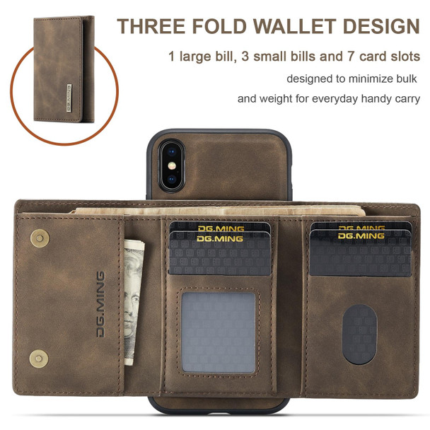 DG.MING M1 Series 3-Fold Multi Card Wallet + Magnetic Back Cover Shockproof Case with Holder Function - iPhone XS Max(Coffee)