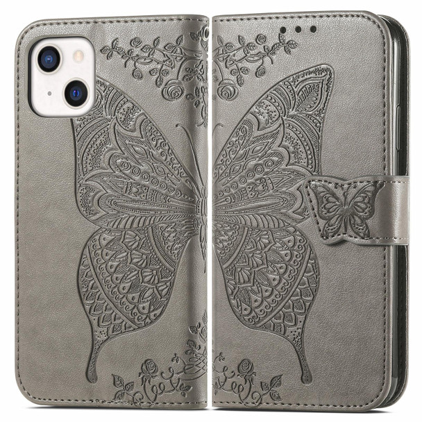 Butterfly Love Flower Embossed Horizontal Flip Leatherette Case with Bracket / Card Slot / Wallet / Lanyard - iPhone 13 mini(Grey)