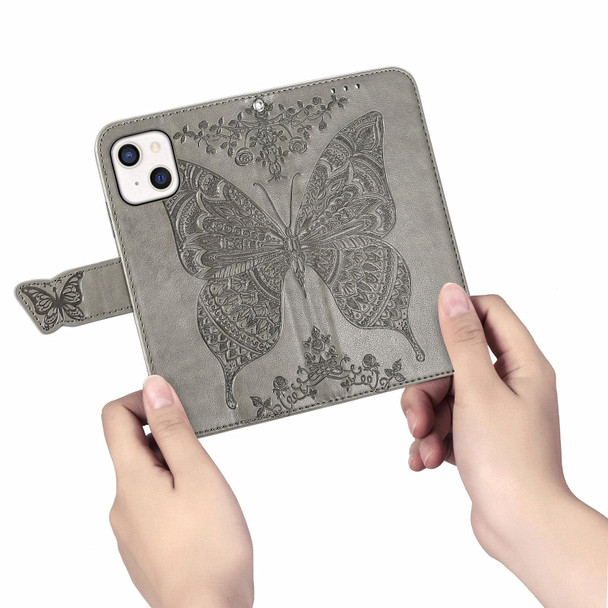 Butterfly Love Flower Embossed Horizontal Flip Leatherette Case with Bracket / Card Slot / Wallet / Lanyard - iPhone 13 mini(Grey)
