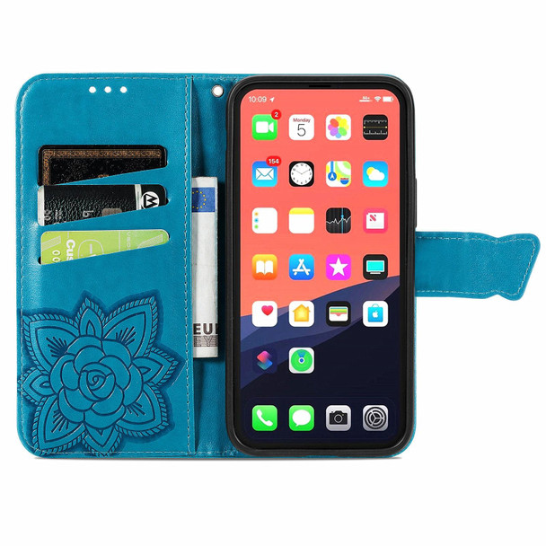 Butterfly Love Flower Embossed Horizontal Flip Leatherette Case with Bracket / Card Slot / Wallet / Lanyard - iPhone 13 mini(Blue)