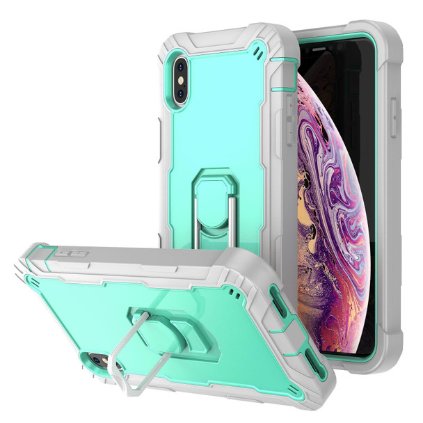 PC + Rubber 3-layers Shockproof Protective Case with Rotating Holder - iPhone XS Max(Grey White + Mint Green)