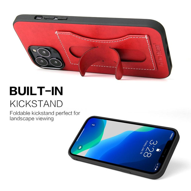 Fierre Shann Full Coverage Protective Leatherette Case with Holder & Card Slot - iPhone 13 Pro Max(Red)