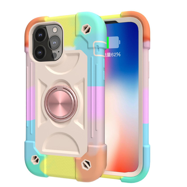 Shockproof Silicone + PC Protective Case with Dual-Ring Holder - iPhone 13 Pro Max(Colorful Rose Gold)