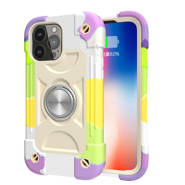 Shockproof Silicone + PC Protective Case with Dual-Ring Holder - iPhone 13 Pro(Colorful Beige)