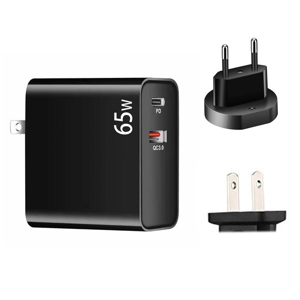 PD-65W USB-C / Type-C + QC3. 0 USB Laptop Charging Adapter + 2m USB-C / Type-C to USB-C / Type-C Data Cable Set, EU Plug / US Plug(Black)